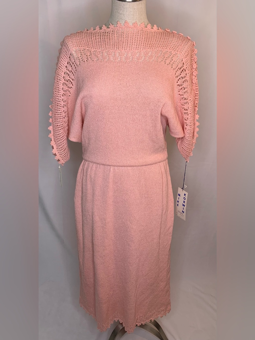 Vintage Mike Korwin knit dress pink hand crochet flutter sleeves size 10 NWT